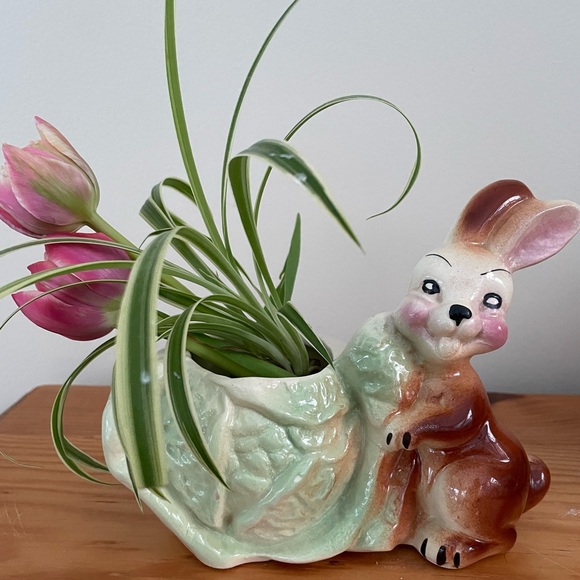 VTG Mid Century 6" Bunny Rabbit with Cabbage Head Planter - Picture 1 of 7